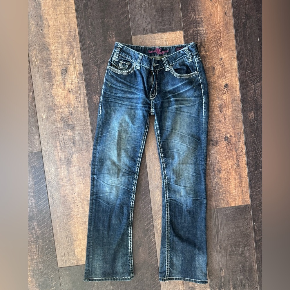 Rock & Roll Cowgirl Mid Rise Bootcut Jeans Studded Pockets 29x34